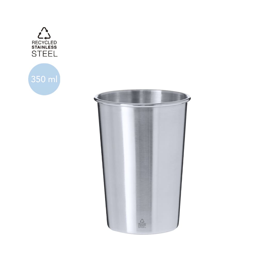 A reusable coffee cup made of recycled stainless steel, featuring a sleek silver design and a 350 ml capacity. Hidex Cup - Image 1