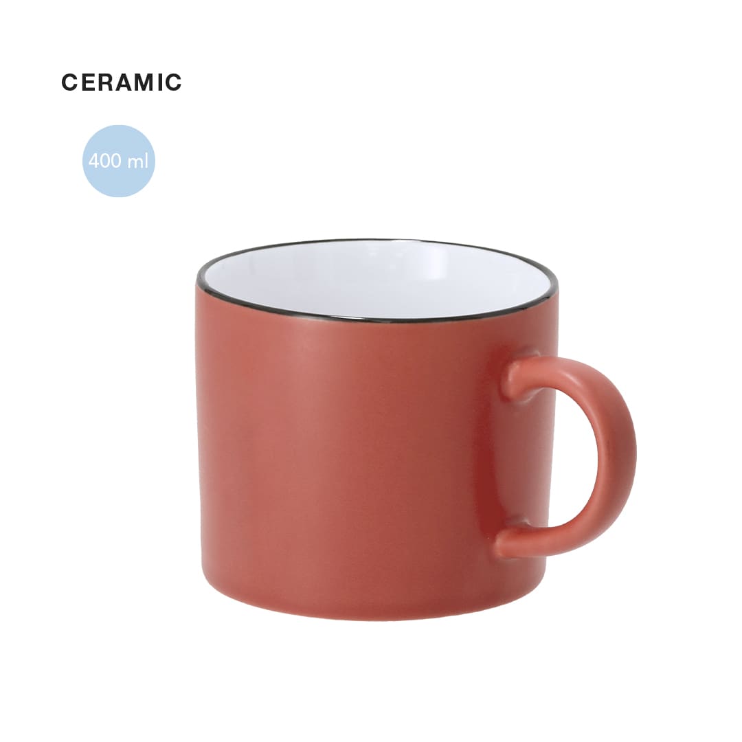 A ceramic coffee mug in coral red with a black rim, featuring a sturdy handle and a 400 ml capacity. Dumax Mug - Image 1