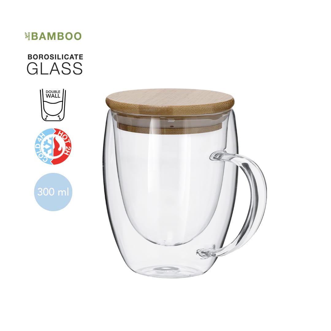 A drink mug made of borosilicate glass with a bamboo lid and a transparent, double-walled design. Helmar Insulated Mug - Image 1