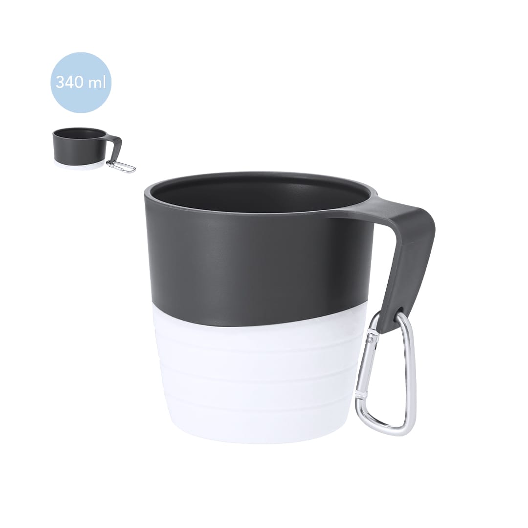 A foldable cup in black and white with a carabiner handle, featuring a logo. Capacity of 340 ml. Mibar Foldable Cup - Image 1