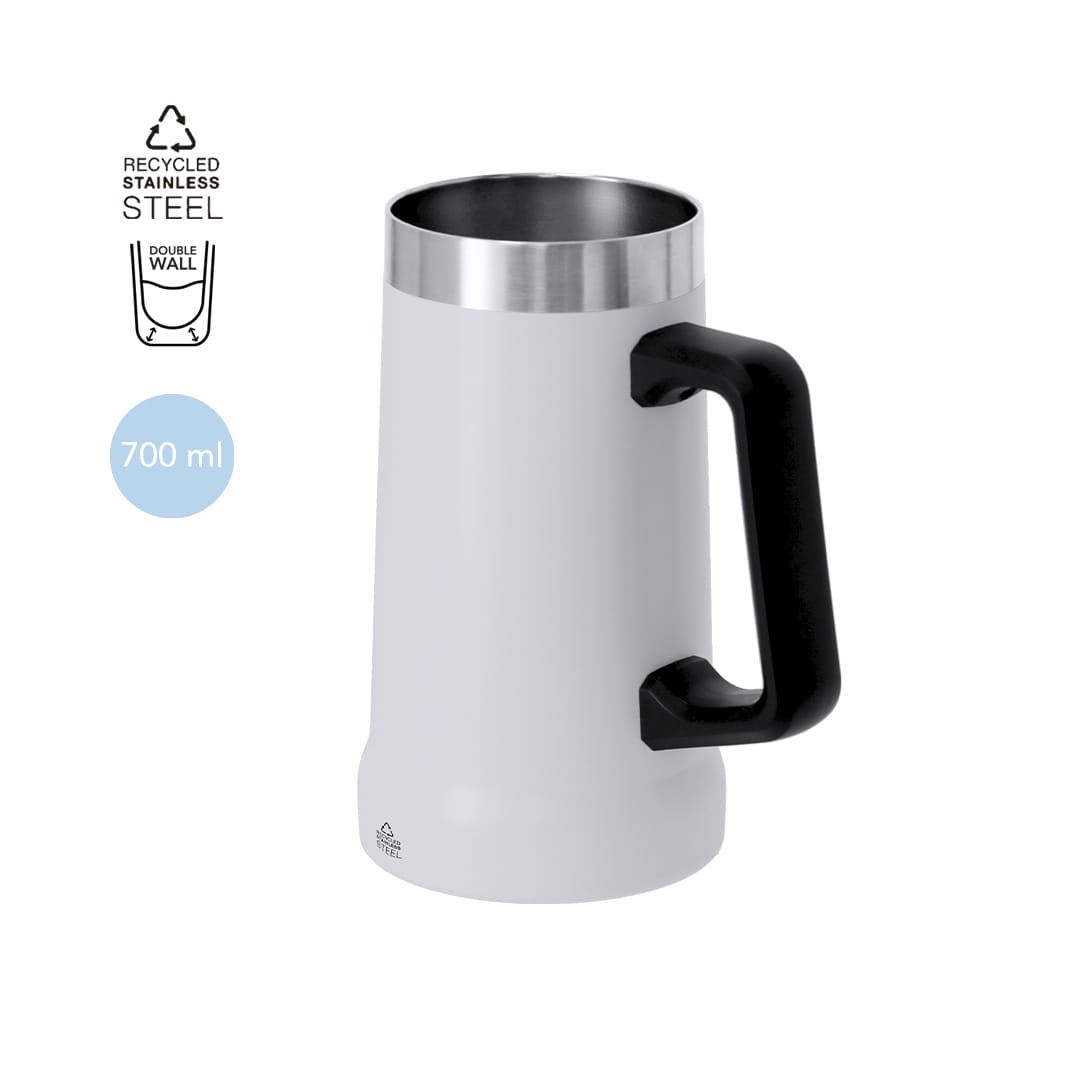 A drink bottle made of recycled stainless steel with a white body and black handle, featuring double-wall insulation. Glinox Jug - Image 1