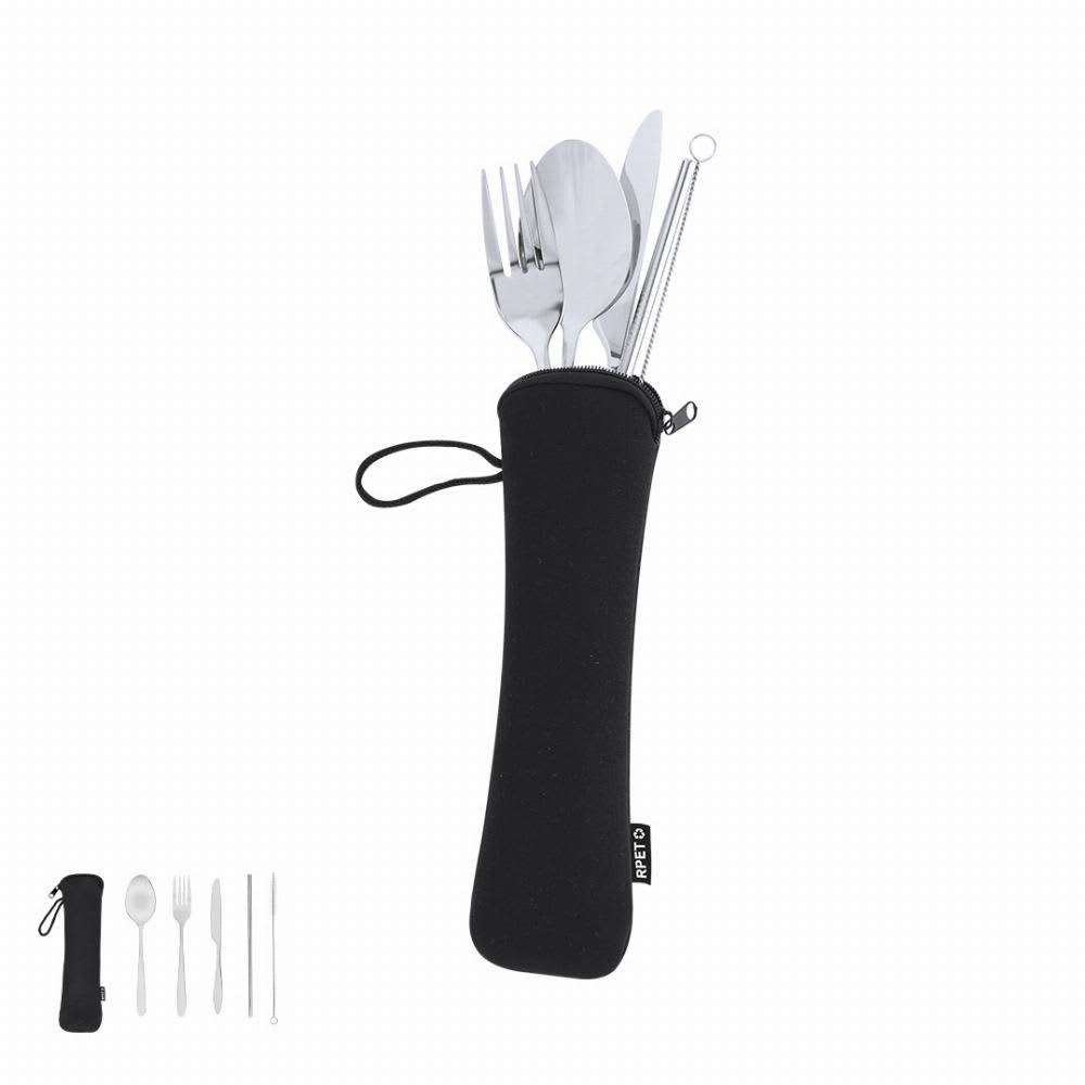 A cutlery set in a black zippered case, featuring spoons, forks, knives, and straws. The set includes a logo. Sinix - Image 1