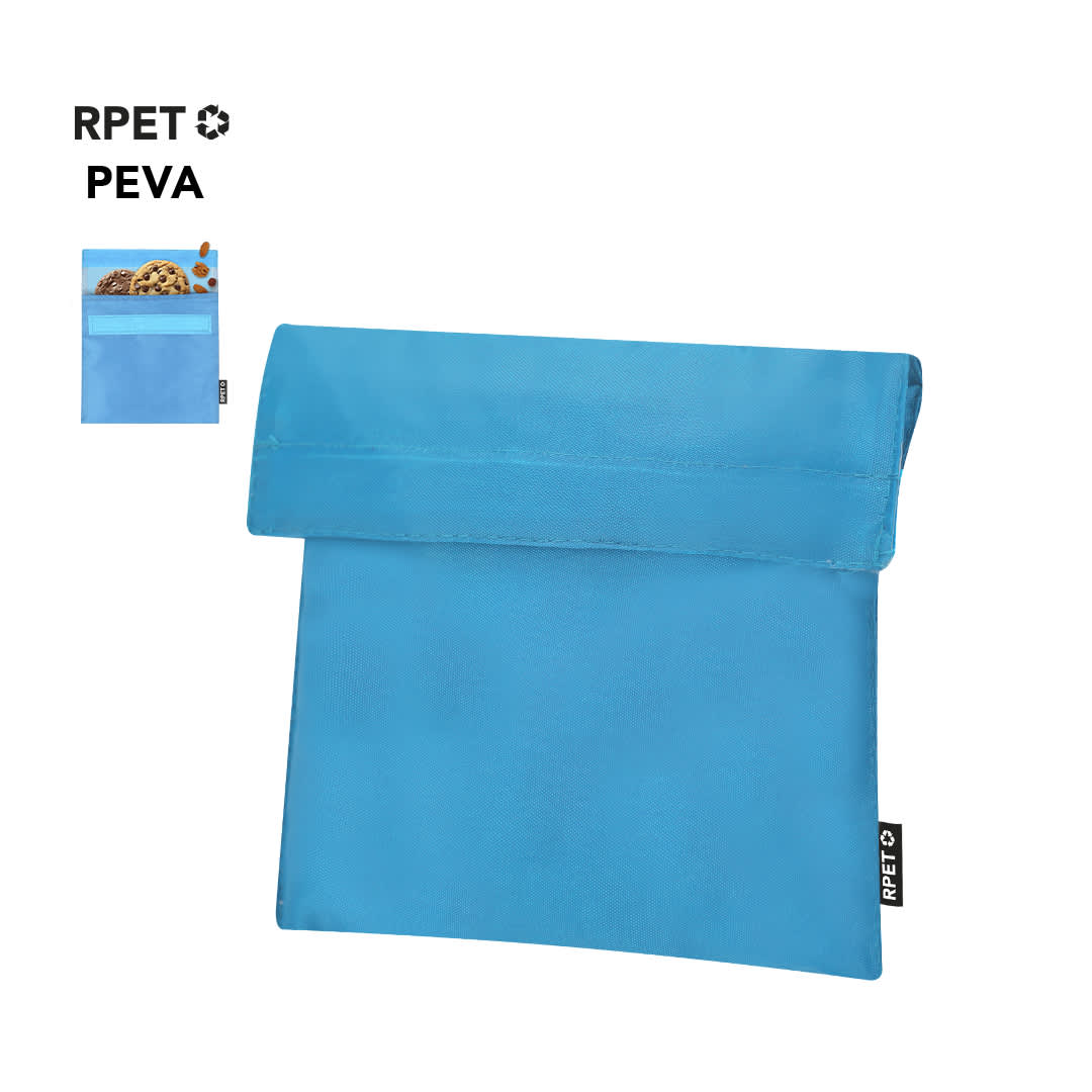 A blue thermal snacks holder with a fold-over top, featuring a pocket. It has a logo on the side. Frasor Thermal Snacks Holder - Image 1