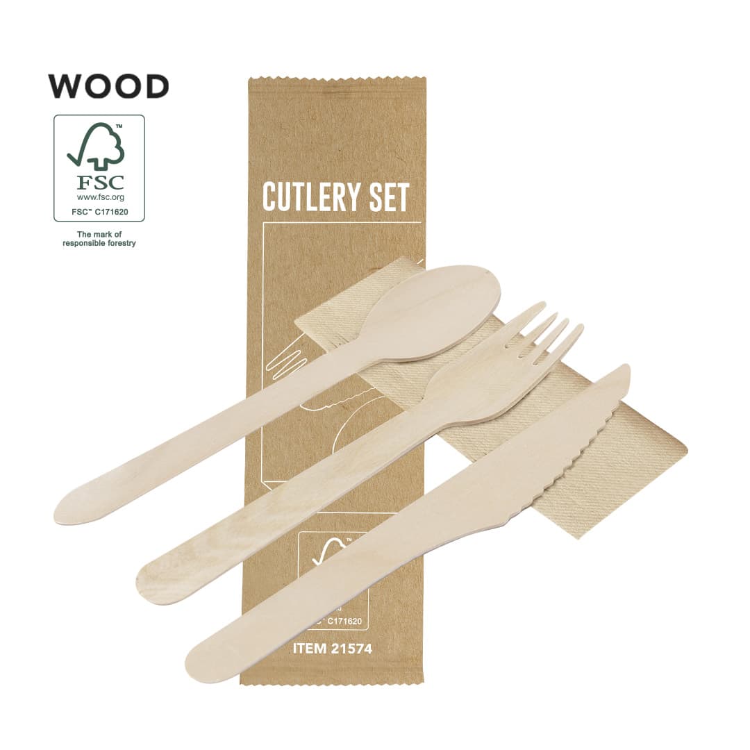 A wooden cutlery set featuring a spoon, fork, and knife, packaged with a kraft paper sleeve. Grinox Cutlery Set - Image 1