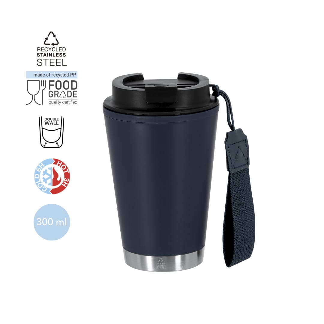 A drink bottle made of recycled stainless steel, featuring a navy exterior and a black lid with a strap. Wirten Insulated Cup - Image 1