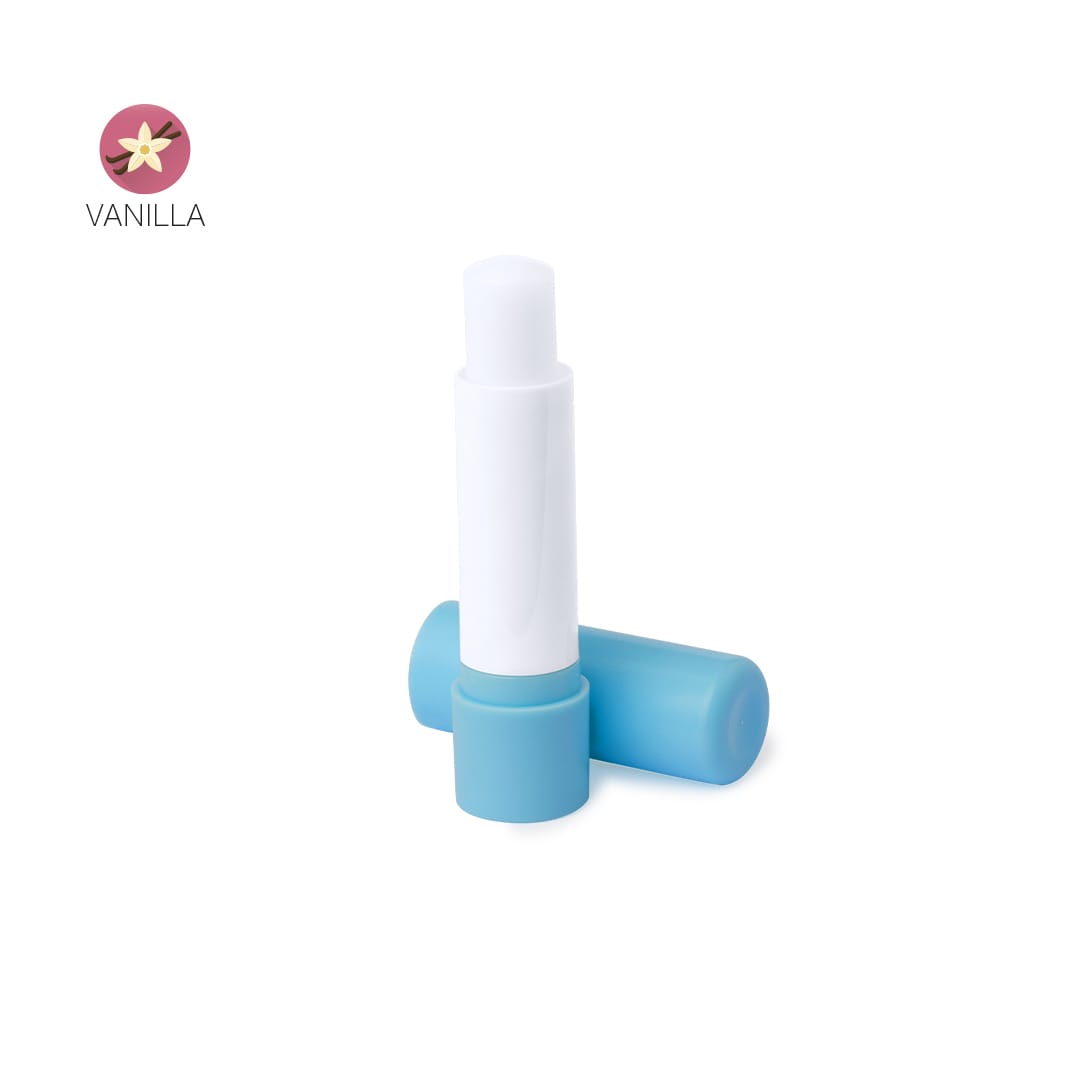 A white and blue lip balm stick with a light blue cap, featuring a logo at the top. Darix Lip Balm - Image 1