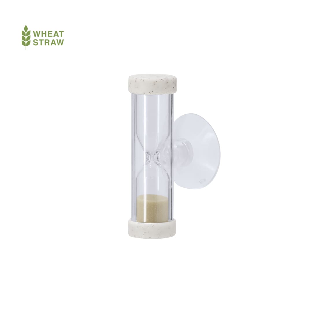 A sand timer with a clear glass body, light beige wheat straw ends, and a suction cup for wall attachment. Tinix Sand Timer - Image 1