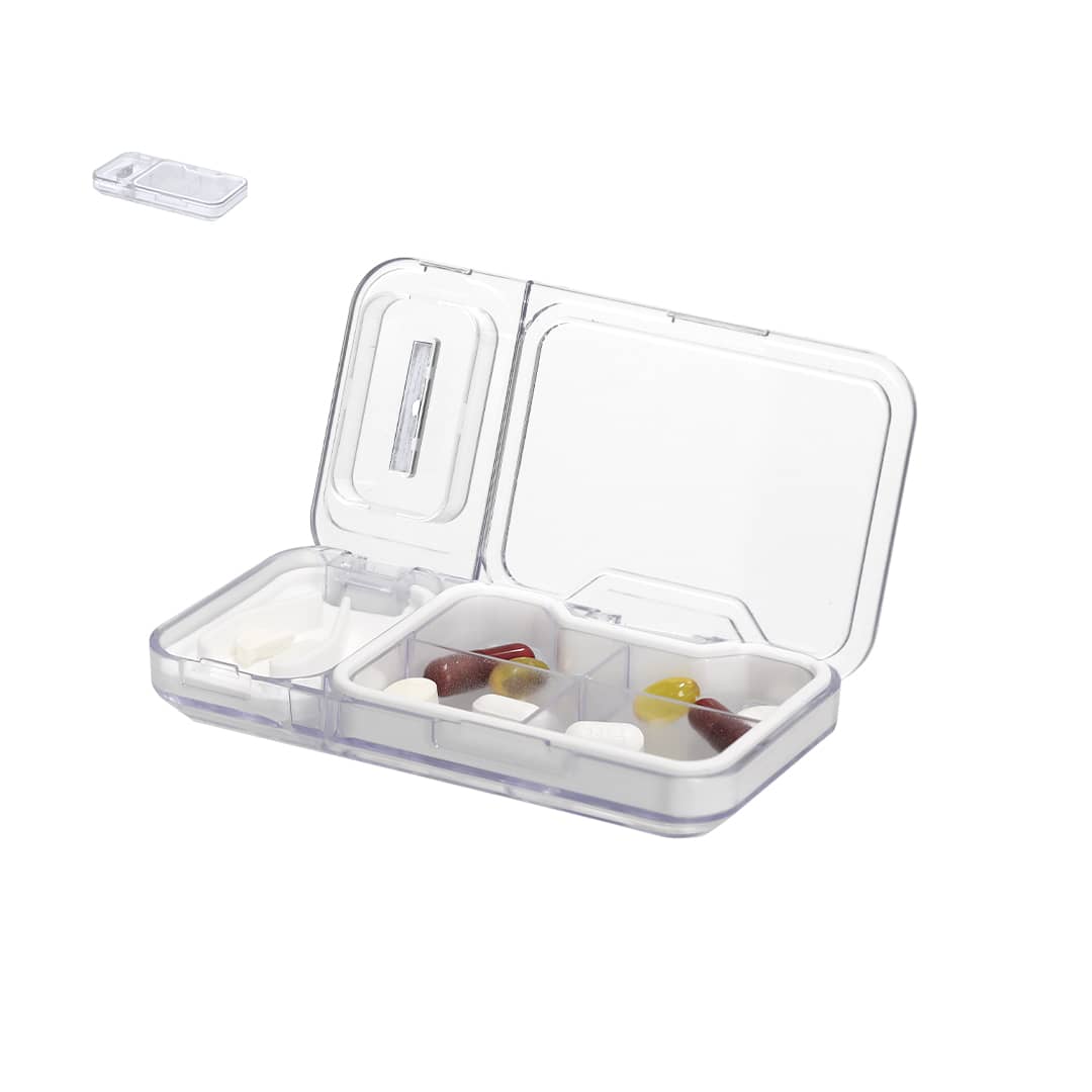 A clear plastic pillbox with two compartments, containing various capsules and tablets, and featuring a logo. Darkan Pillbox - Image 1