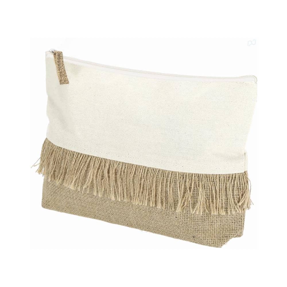 A pouch bag in cream and burlap with a fringe detail and a zip closure. It features a simple, natural design. Hyker - Image 1