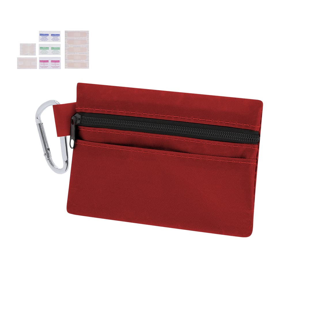 A red fabric pouch with a zippered compartment and a carabiner clip, containing various adhesive bandages. Fredek Emergency Kit - Image 1