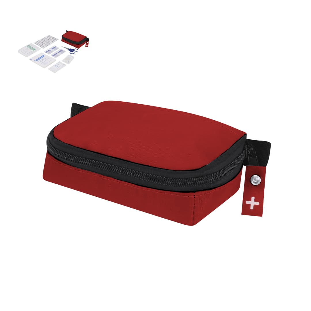 A red first aid kit with a zippered closure, containing various medical supplies and a pair of scissors. Kintar Emergency Kit - Image 1