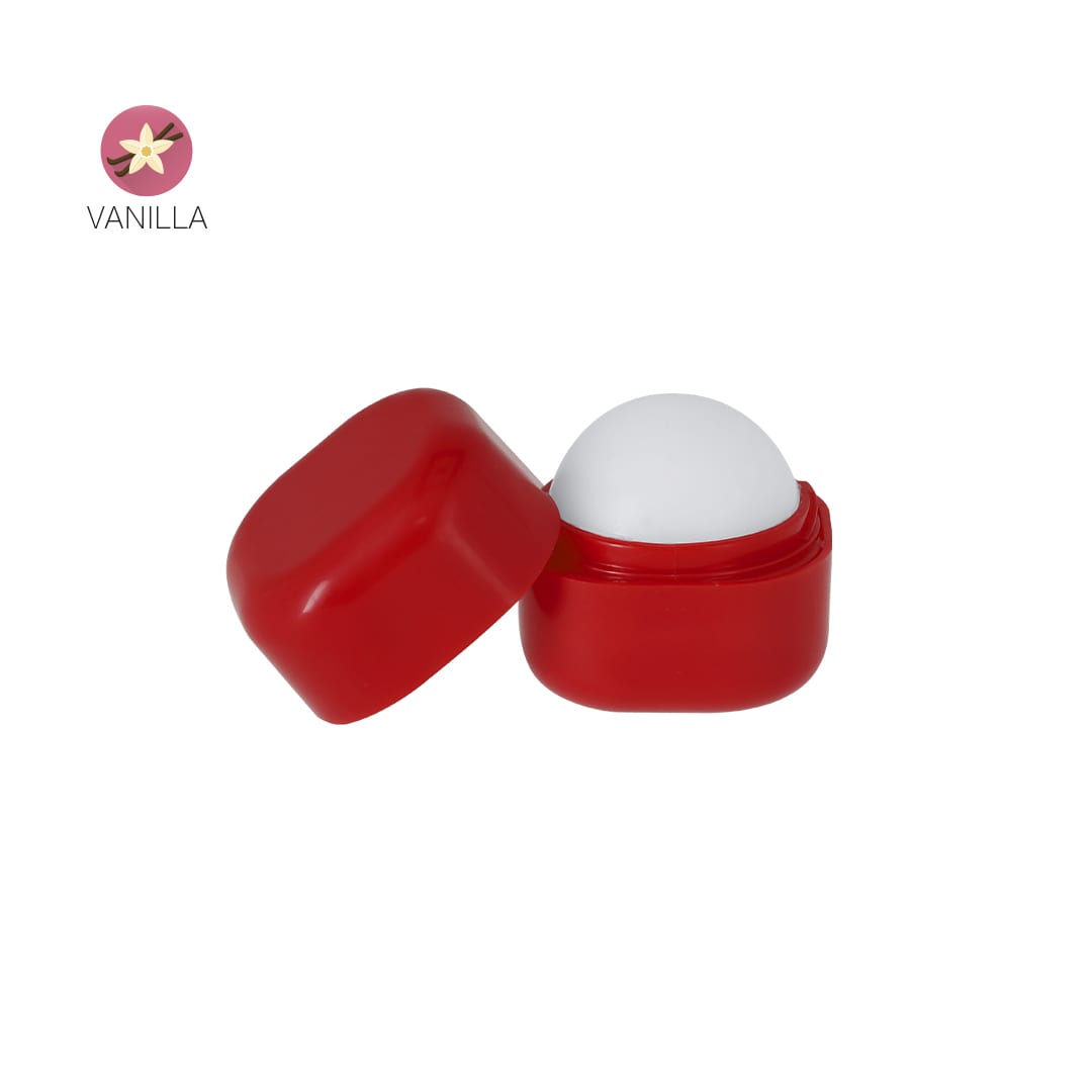 A red lip balm container with a white dome top, partially open, featuring a floral logo. Delox Lip Balm - Image 1