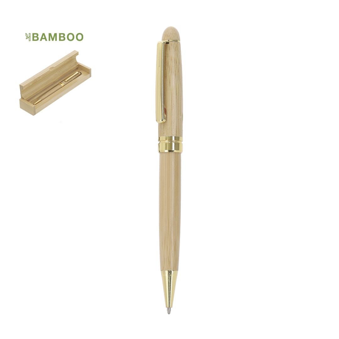 A wooden pen in bamboo with a gold clip and accents, displayed beside a wooden case. Holan Pen - Image 1