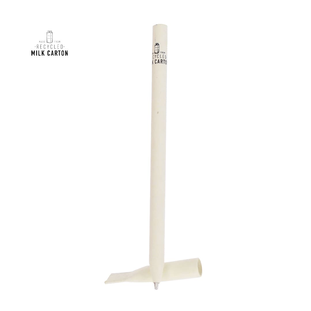 A white pen made from recycled milk cartons with a unique shape and a branding logo. Kadan Pen - Image 1