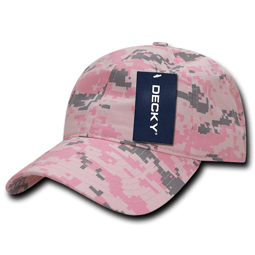A low profile relaxed dad hat in pink and grey camo with a logo tag. 6 Panel Low Profile Relaxed Camo Dad Hat - Image 1