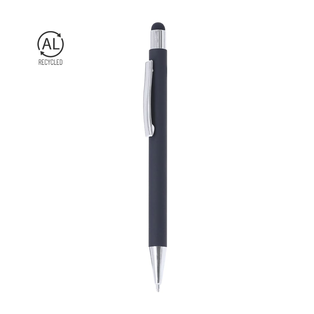 A black stylus touch ball pen with a silver clip and branding on the side, made from recycled materials. Yarnox Stylus Touch Ball Pen - Image 1