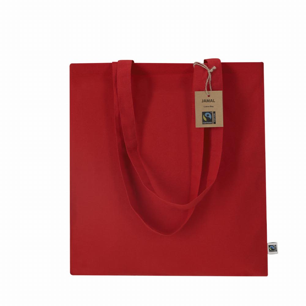 A red tote bag with two shoulder straps and a tag. The bag has a logo and a Fairtrade label. Jamal Fairtrade - Image 1