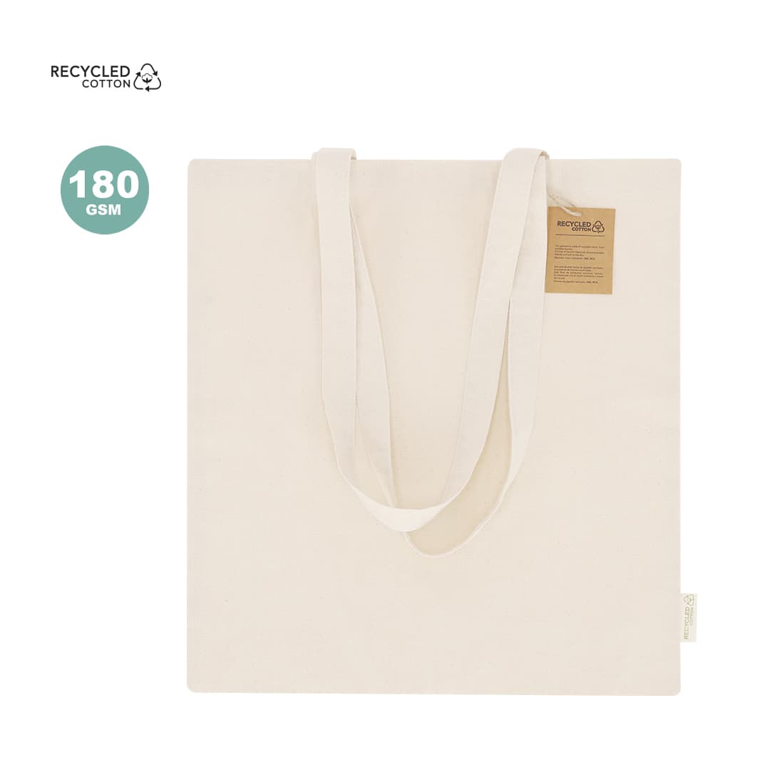 A cream tote bag made from recycled cotton, featuring two long handles and a small tag. Barzon Bag - Image 1