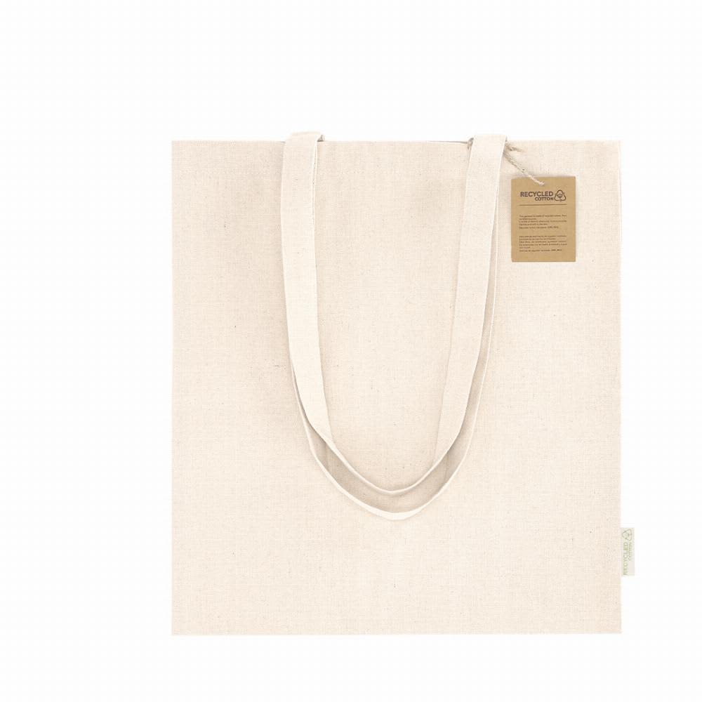 A beige reusable tote bag with two long handles and a tag attached, made from recycled material. Fintar - Image 1