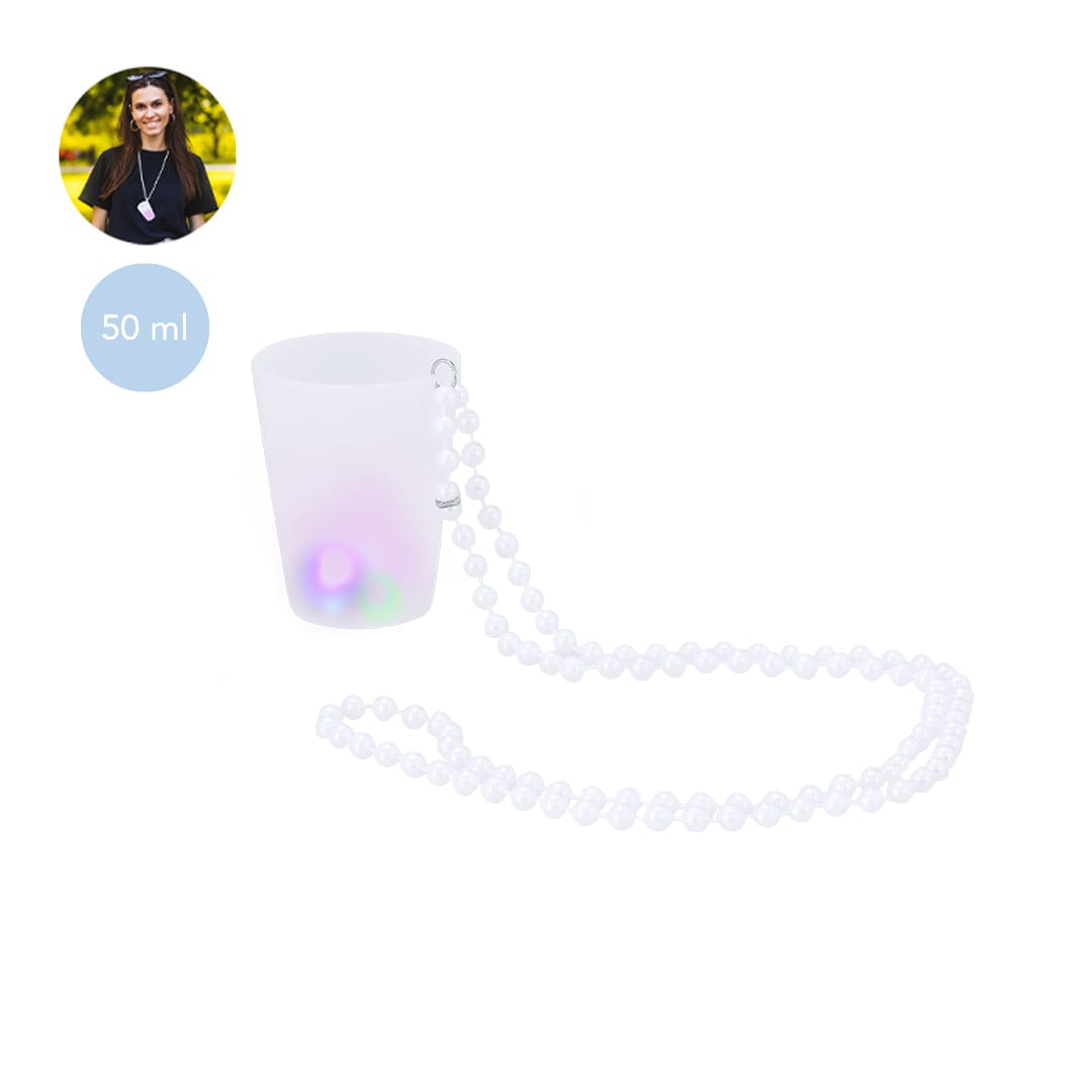 A translucent shot glass in white with a beaded chain, featuring a light-up design and a capacity of 50 ml. Bolten Cup - Image 1