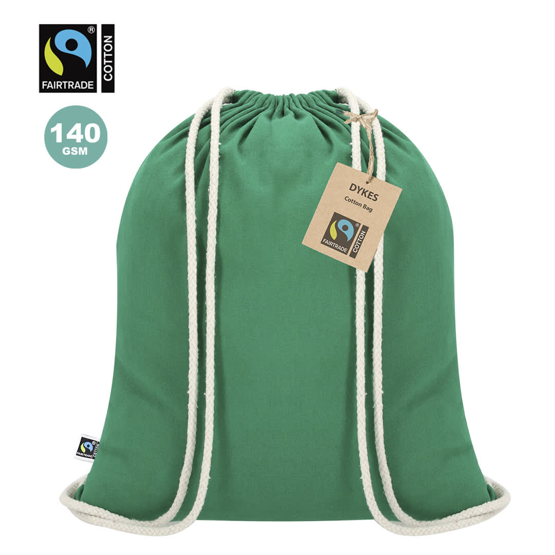 A green drawstring bag made from Fairtrade cotton, featuring a logo and a tag attached. Dykes Fairtrade Drawstring Bag - Image 1