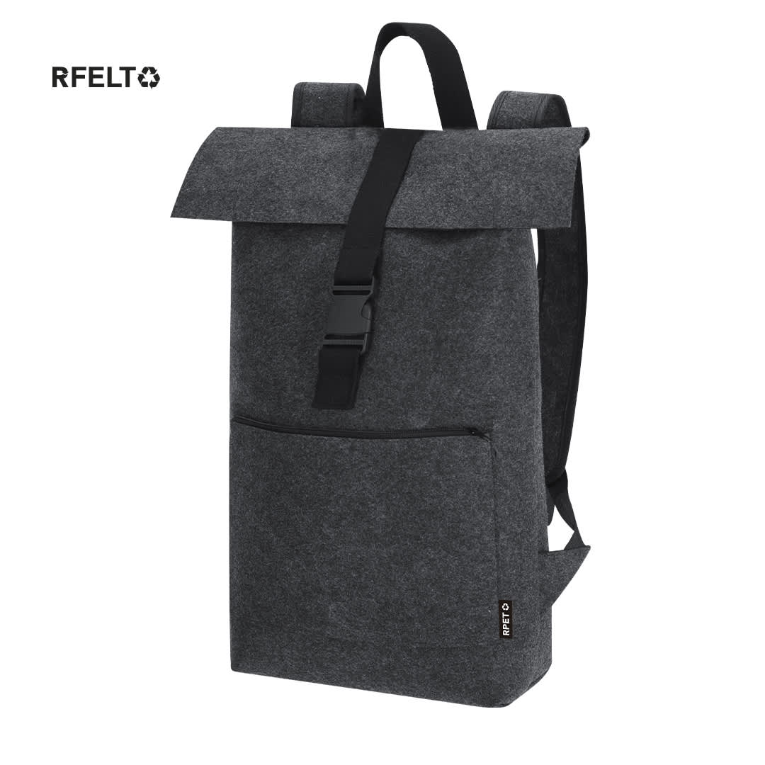 A grey backpack with a roll-top design, adjustable straps, and a front pocket. It features a logo. Magar Backpack - Image 1