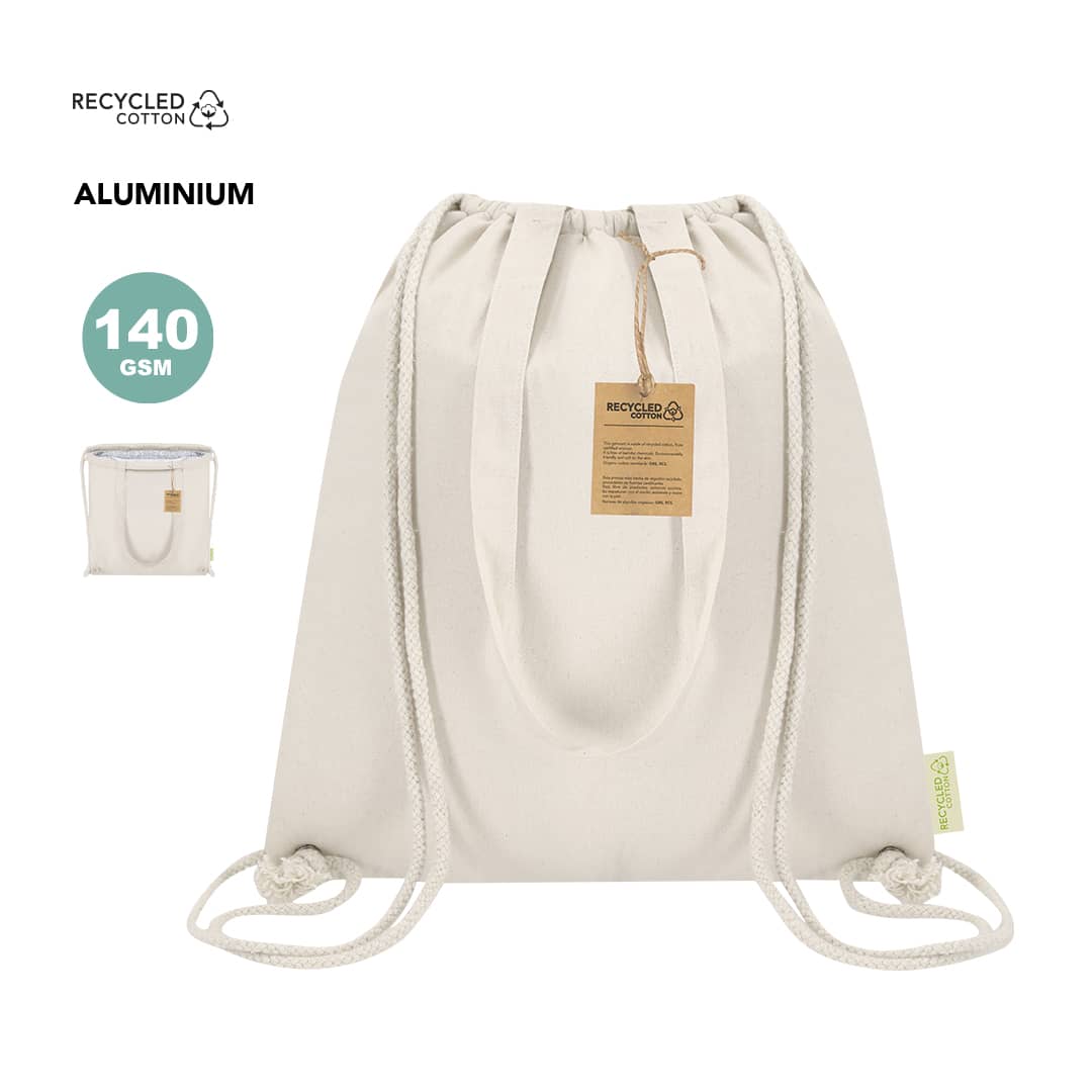 A light beige drawstring cooler bag made of recycled cotton, featuring a logo and natural cotton rope handles. Nelon Drawstring Cool Bag - Image 1