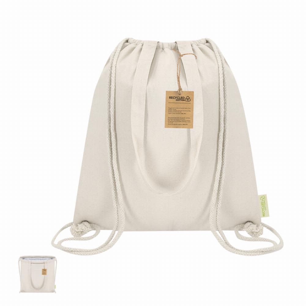 A drawstring bag in a light cream colour made from recycled materials with a natural rope closure. Nelon - Image 1