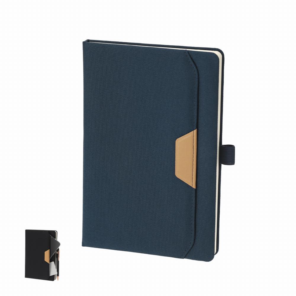 A navy blue notebook with a brown accent on the cover and a closure tab. It has a logo on the front. Zarek - Image 1