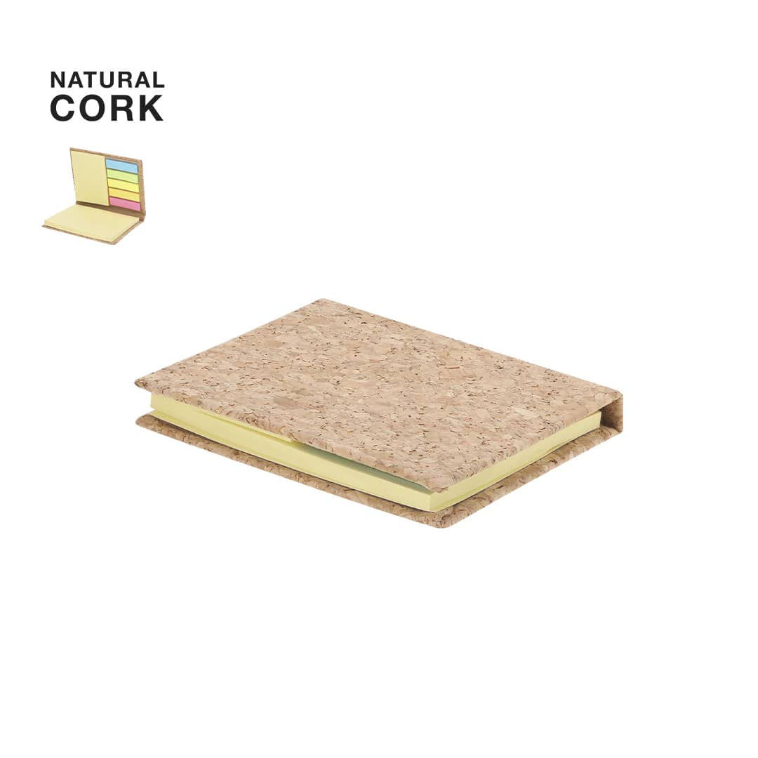 A notepad with a natural cork cover and yellow pages, featuring a logo on the front. Feron Notepad - Image 1