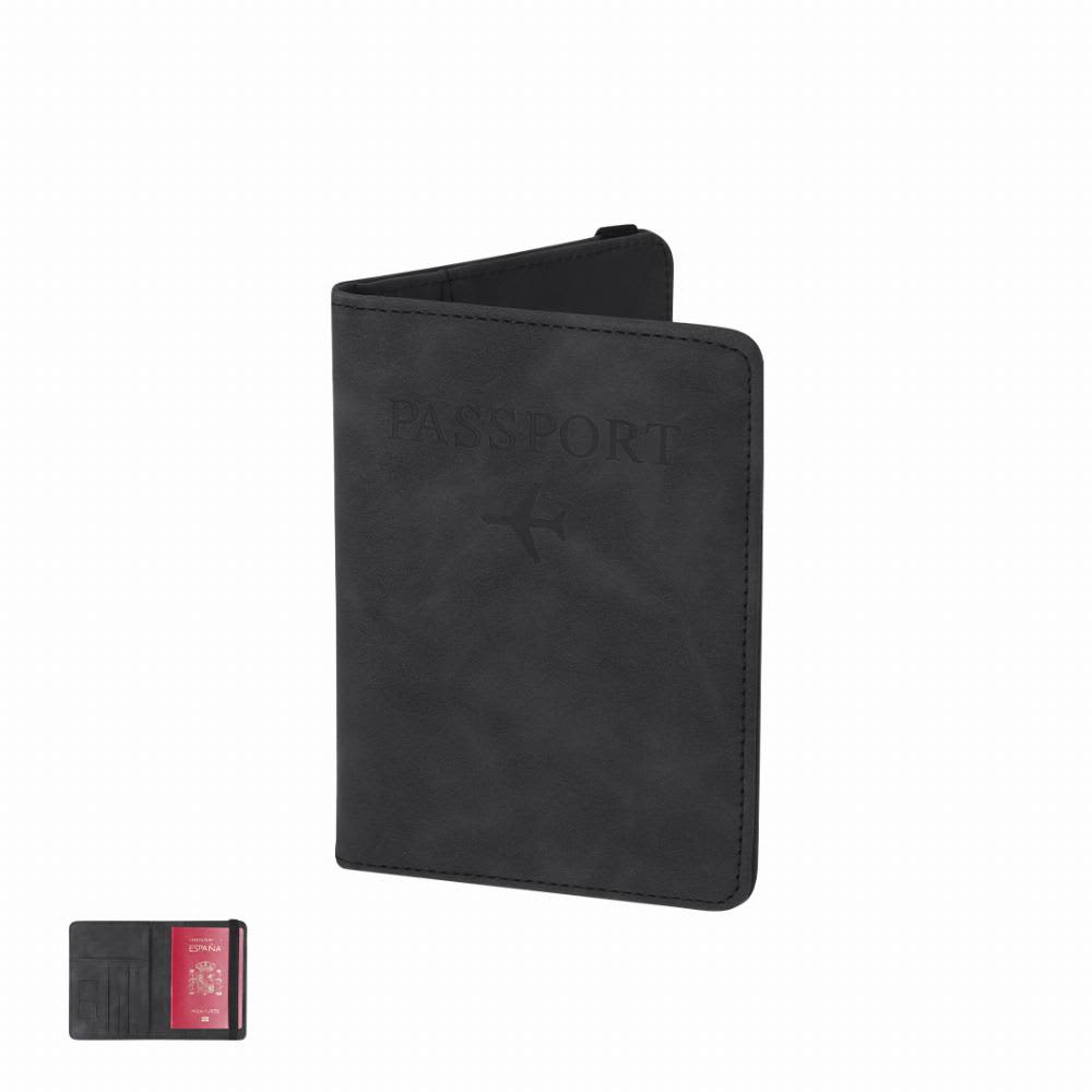 A black passport holder with a flap, featuring a logo and an open view showing a red passport inside. Jemax - Image 1