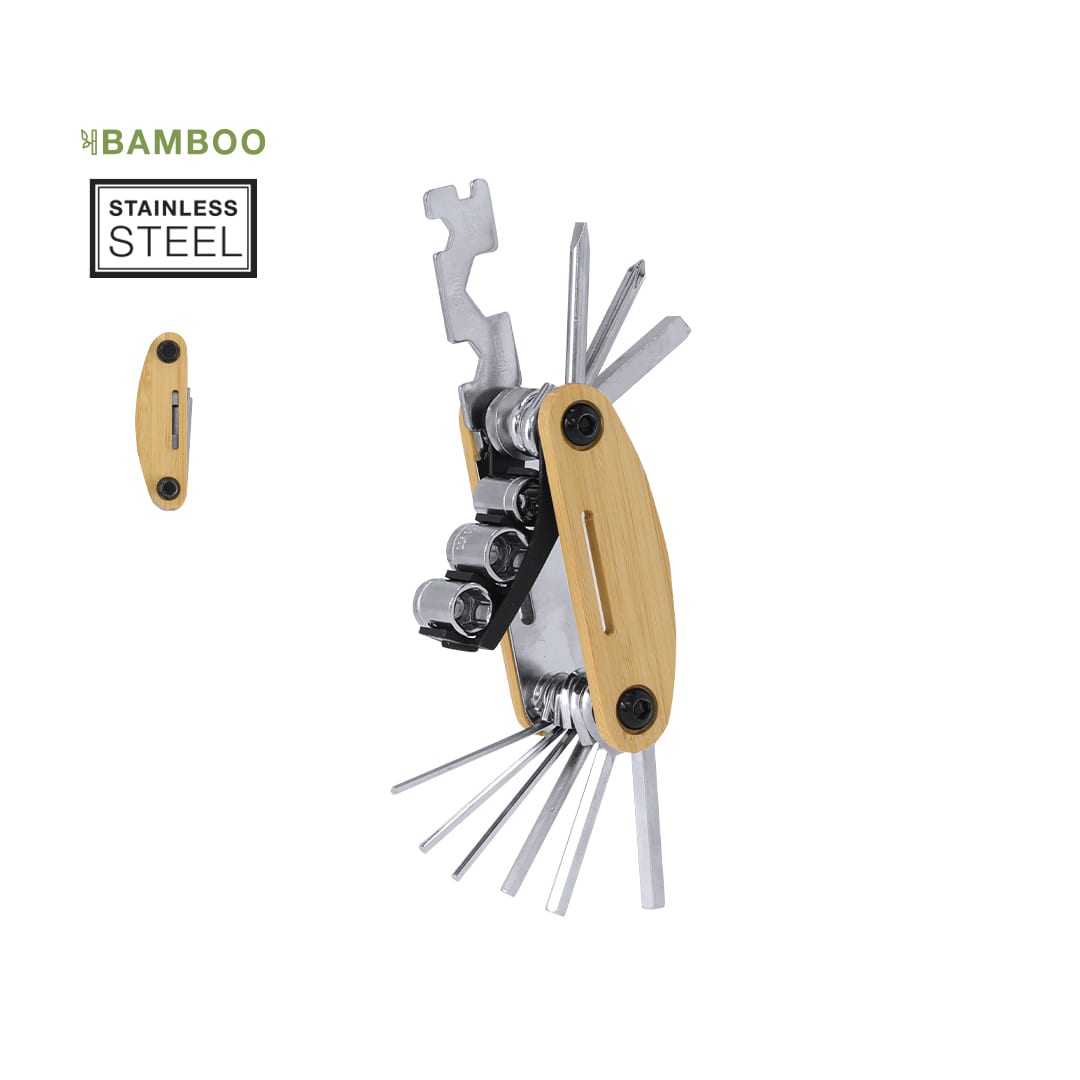A multitool featuring a bamboo handle, stainless steel components, and various integrated tools including sockets and screwdrivers. Koron Multitool - Image 1