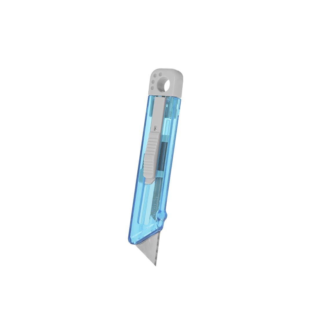 A blue, transparent utility cutter with a grey handle and a retractable blade. Features a branding logo. Valtor Cutter - Image 1