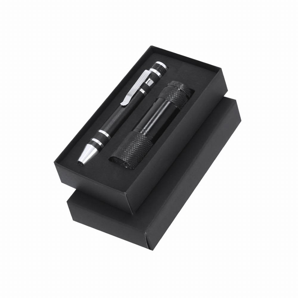 A gift set containing a black pen and a black flashlight, packaged in a sleek black box. Lipan - Image 1