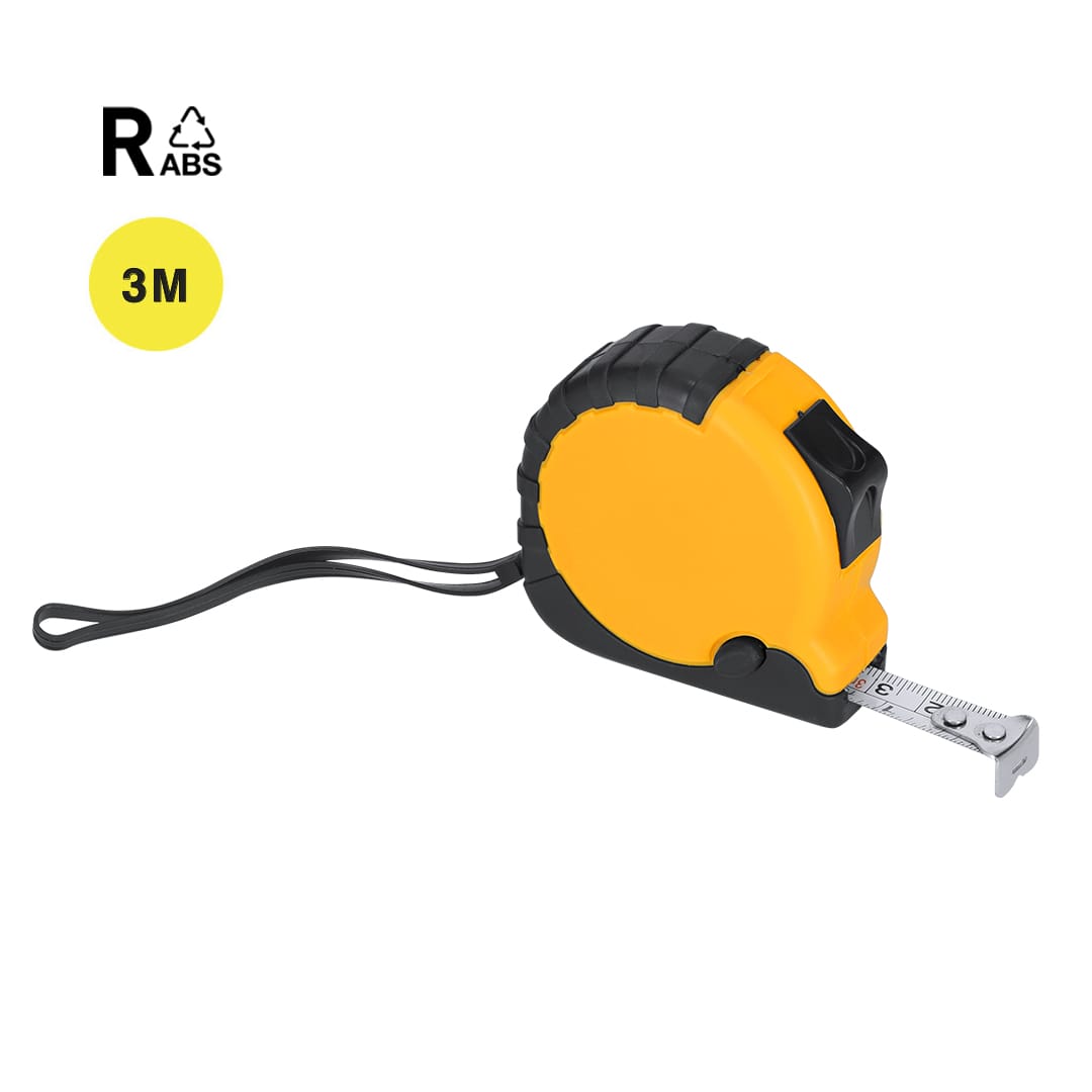 A tape measure in yellow and black, featuring a 3m length and a loop for easy carrying. Includes a branding logo. Burkex 3m Tape Measure - Image 1