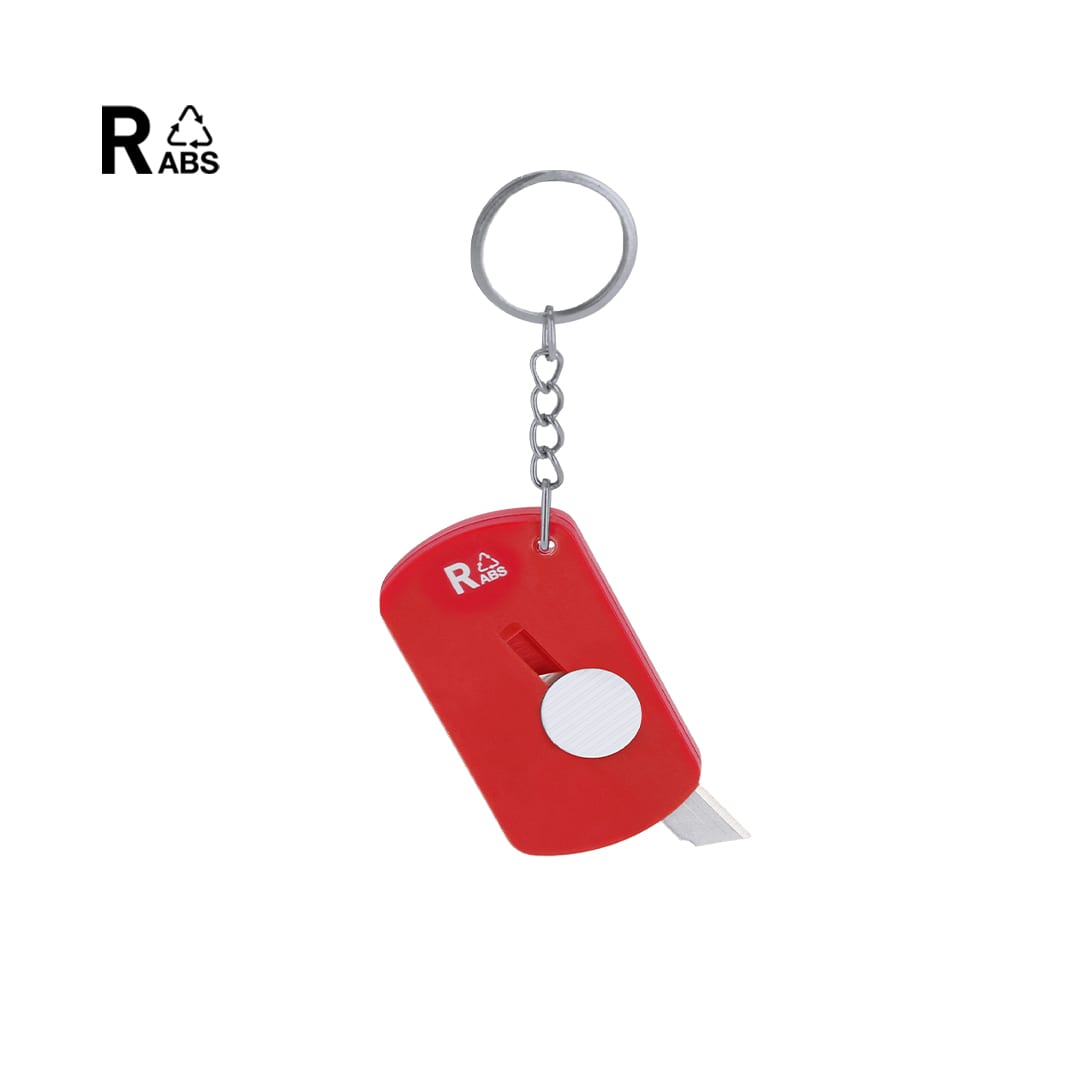 A red keyring featuring a retractable cutter, attached with a metal chain. It includes a branding logo. Darson Cutter Keyring - Image 1