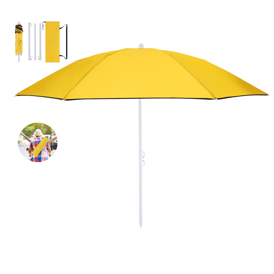 A yellow foldable beach umbrella with a white pole and a logo. Includes a compact, portable design. Misarya Foldable Beach Umbrella - Image 1