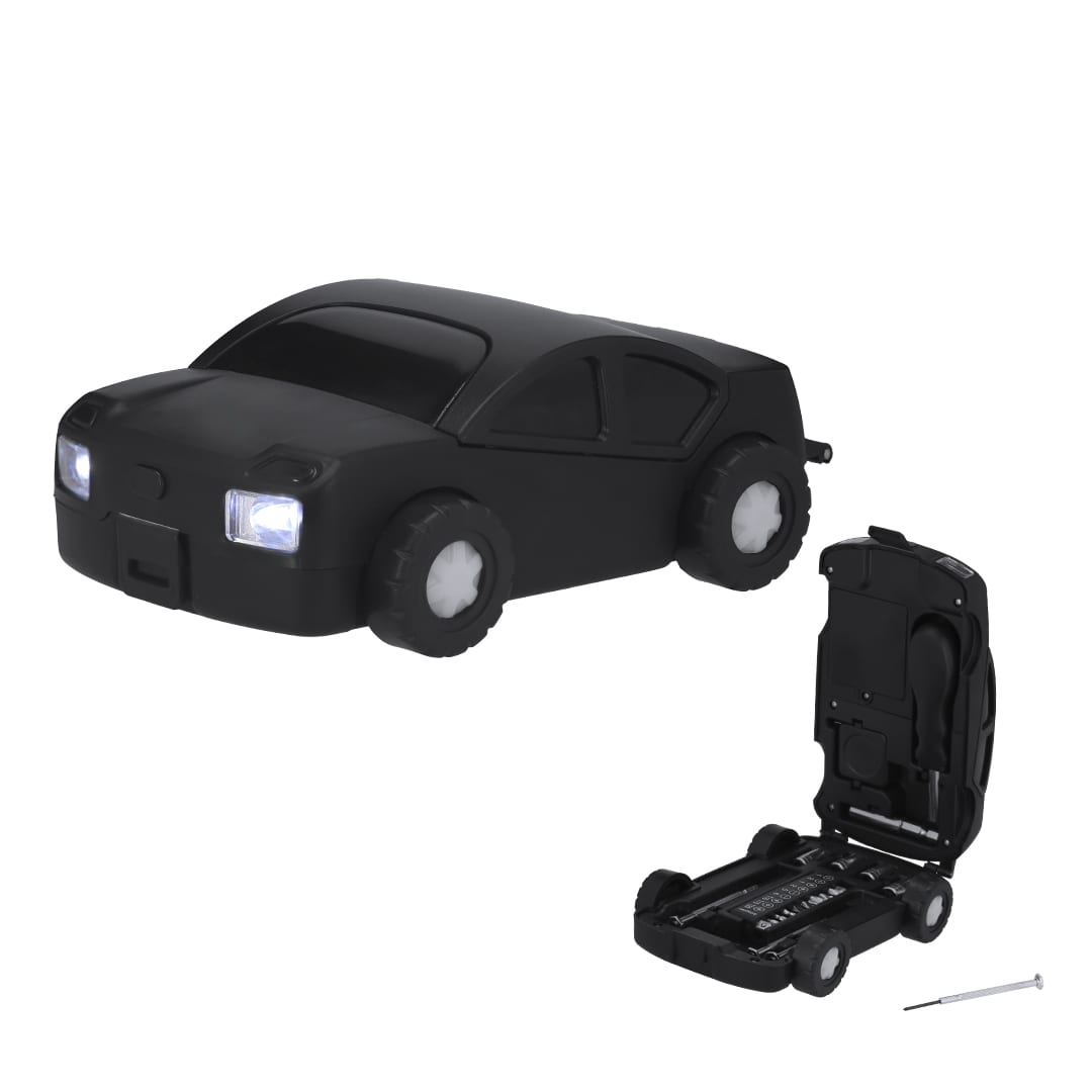 A black tool set shaped like a car, featuring a pull-out compartment with various tools and a faint logo. Niton Tool Set - Image 1