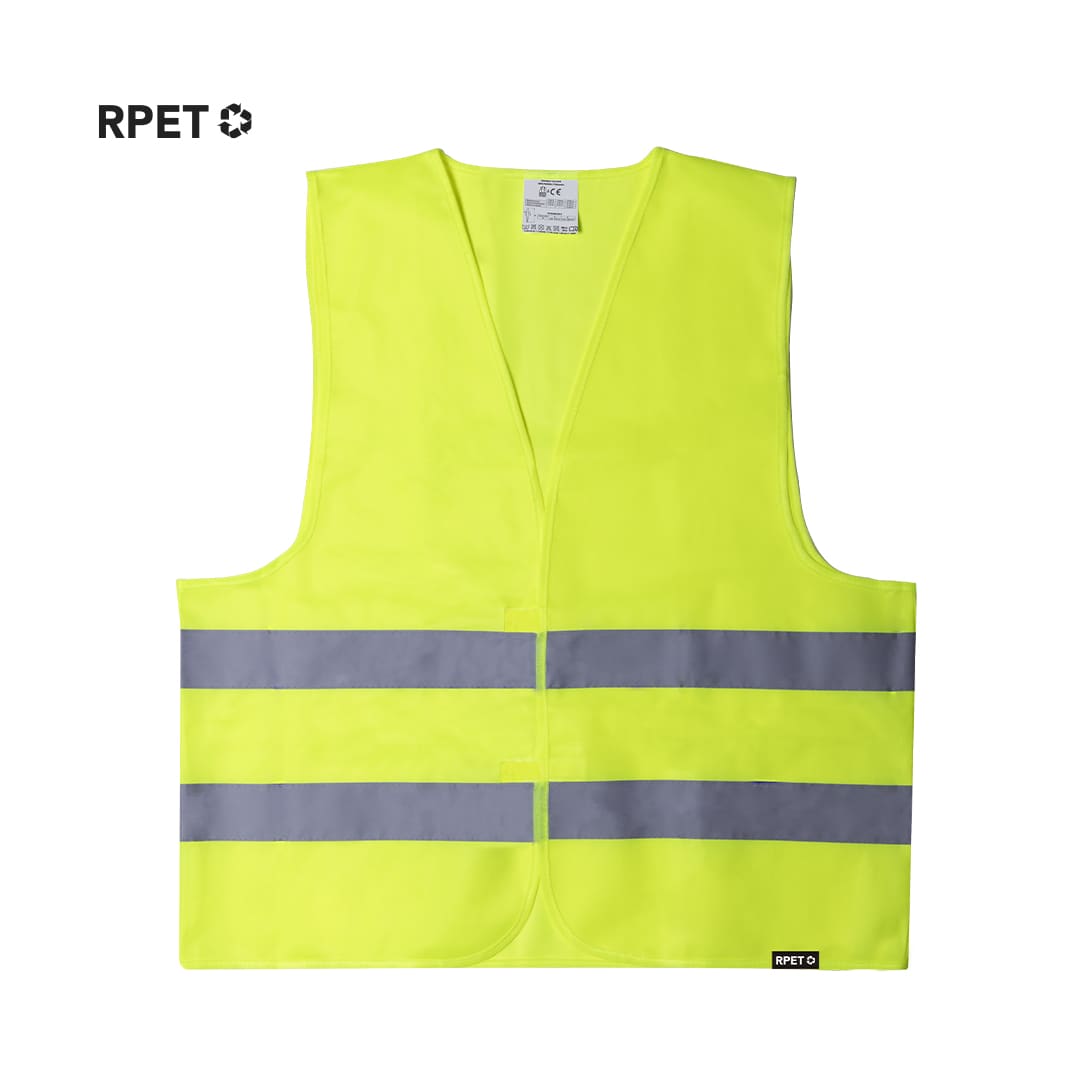 A bright yellow reflective vest with grey stripes and a logo on the side, designed for safety wear. Safrox Reflective Vest - Image 1