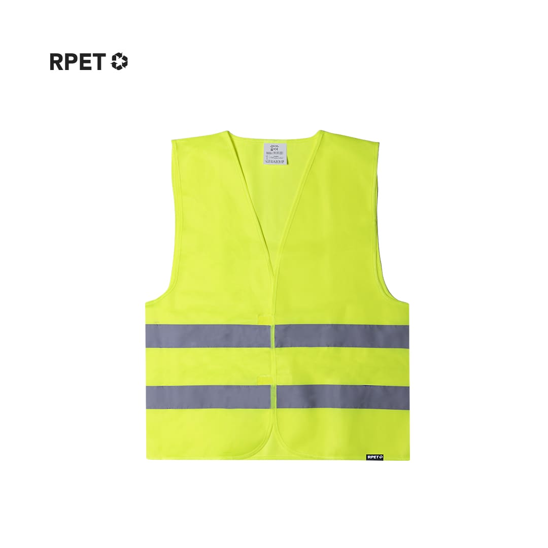 A bright yellow reflective vest with two grey horizontal stripes and a logo in the corner. Kastor Reflective Vest - Image 1