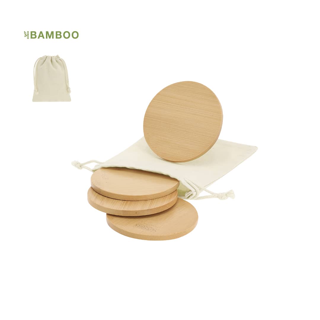 A bamboo coaster set featuring four round coasters and a cotton storage bag. Natural wood finish adds warmth. Elmor Coaster Set - Image 1