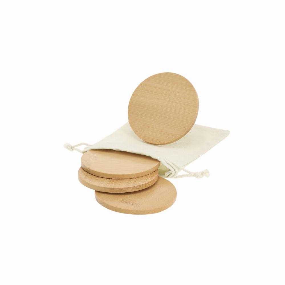 A set of bamboo coasters in a natural finish, packaged in a cotton drawstring bag. Elmor - Image 1