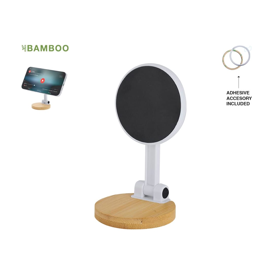 A bamboo phone stand with a circular white base and a round black holder for phones, featuring a logo. Frelix Holder - Image 1