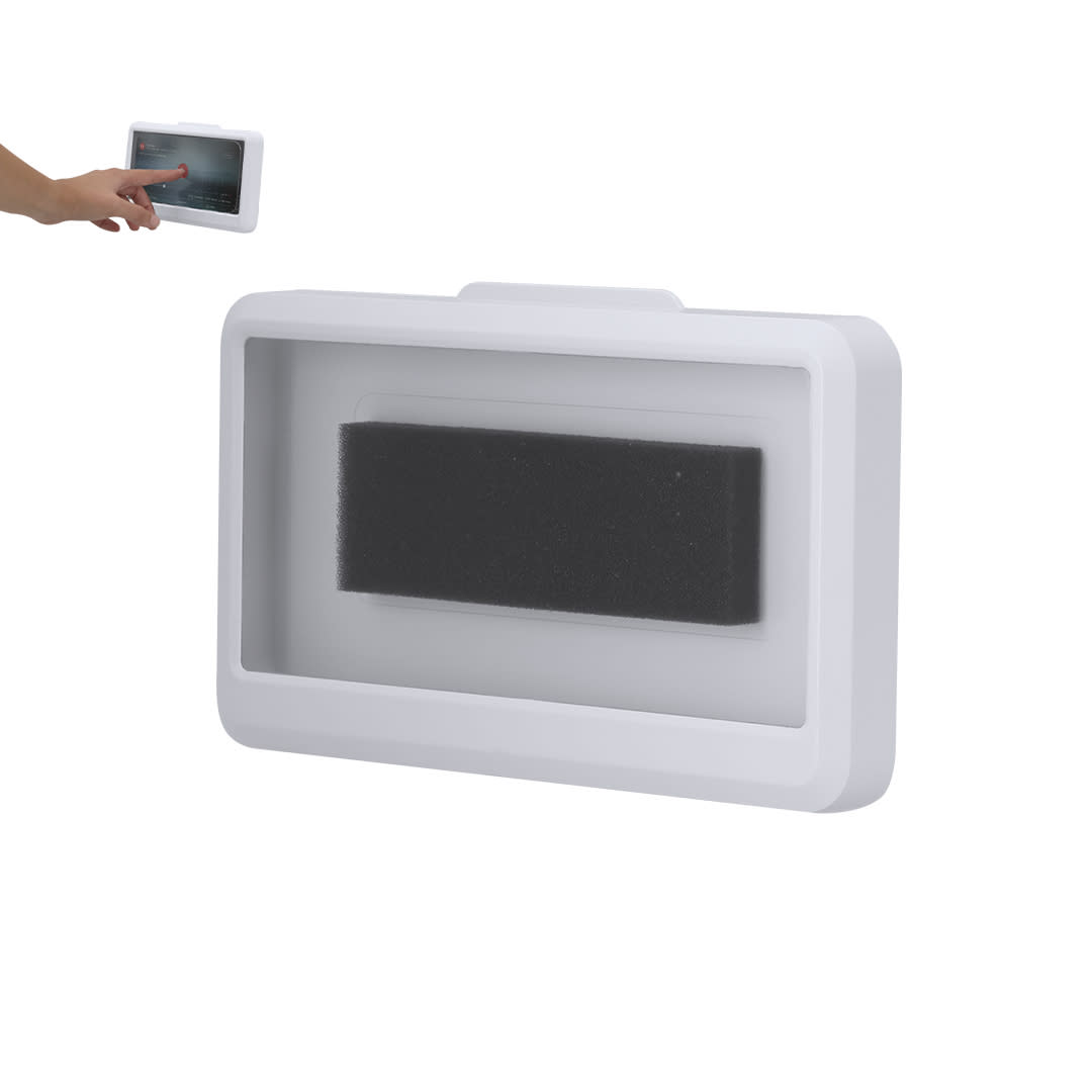 A white car phone holder with a transparent front and a foam centre for securing devices. Brand logo visible. Errik Holder - Image 1
