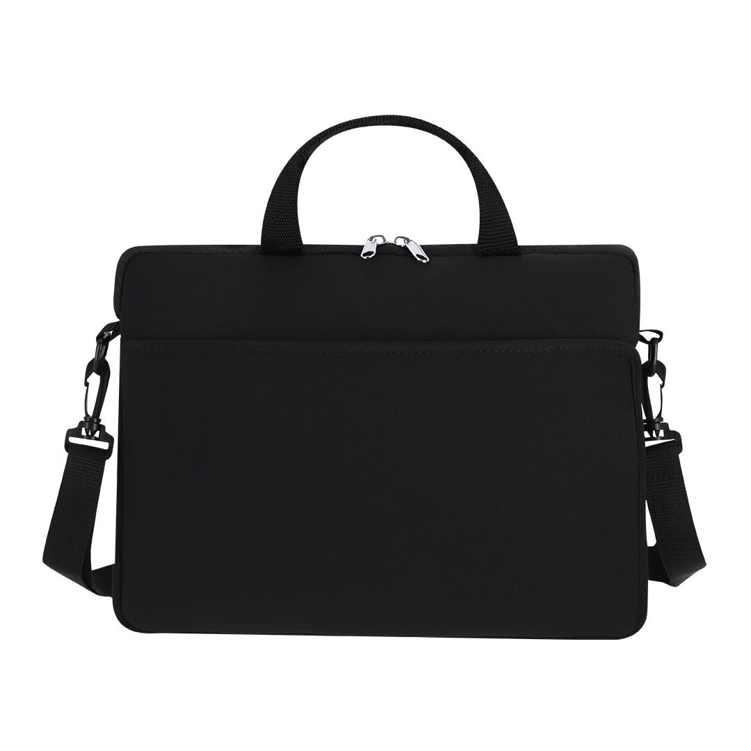 A black laptop pouch with a handle and adjustable shoulder strap, featuring a zip closure and branding. Gormond Laptop Pouch - Image 1