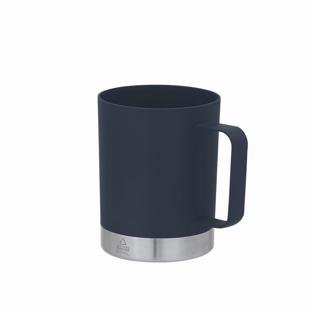 A drink bottle featuring a navy blue body and a stainless steel base with a handle. It includes a logo. Rosby - Image 1