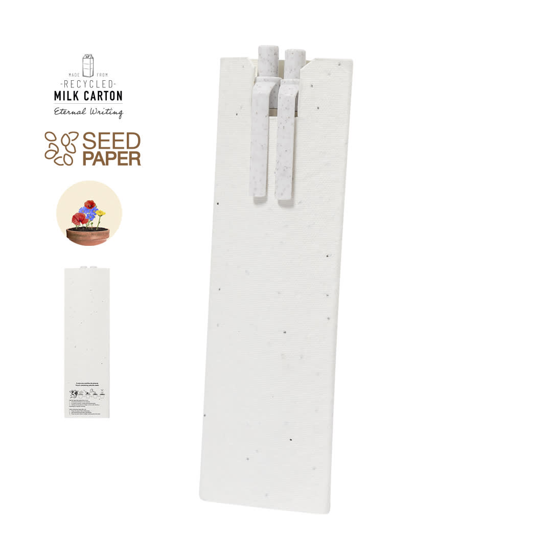 A set of white fountain and ballpoint pens made from recycled milk cartons, with a seed paper backing. Darklin Set - Image 1
