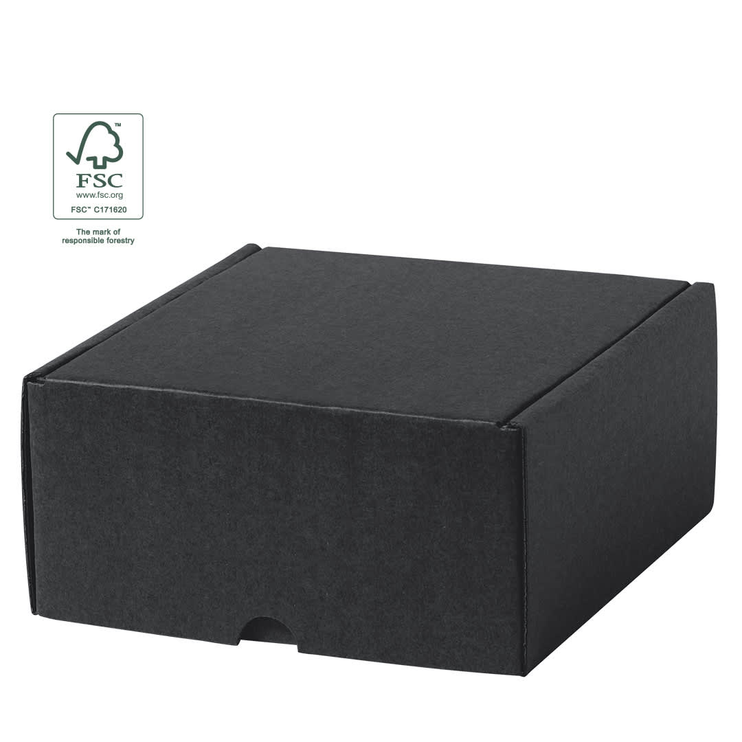A black gift box with a lid, featuring a logo indicating responsible forestry. Steffon Gift Box - Image 1