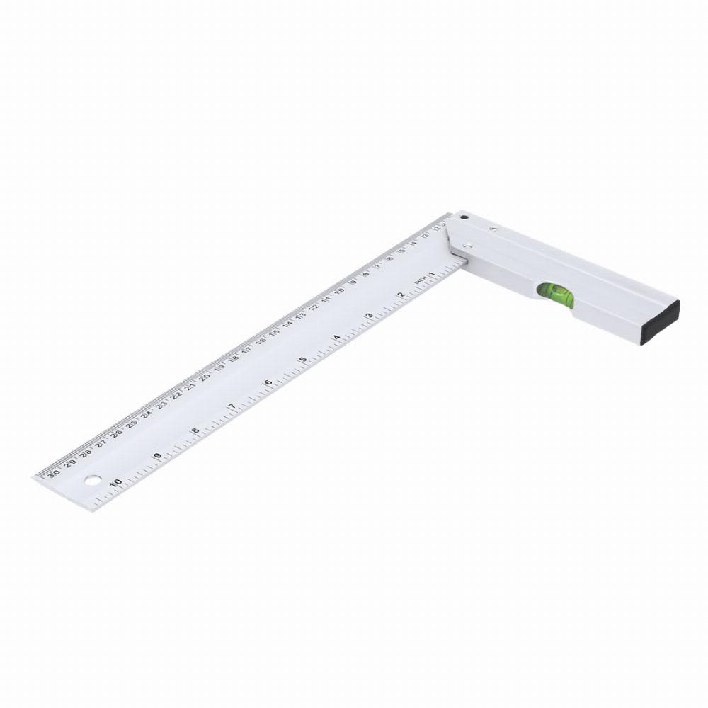 A square tool with a white body, a measuring scale, and a bubble level at the corner. It has a branding logo. Yeiz - Image 1