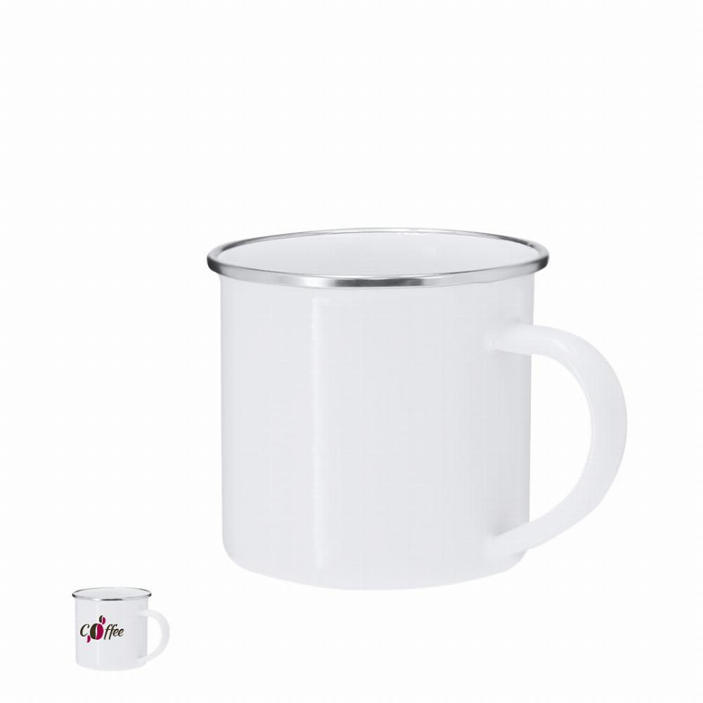 A white enamel mug with a silver rim and a handle, featuring a small coffee logo. Deriox - Image 1